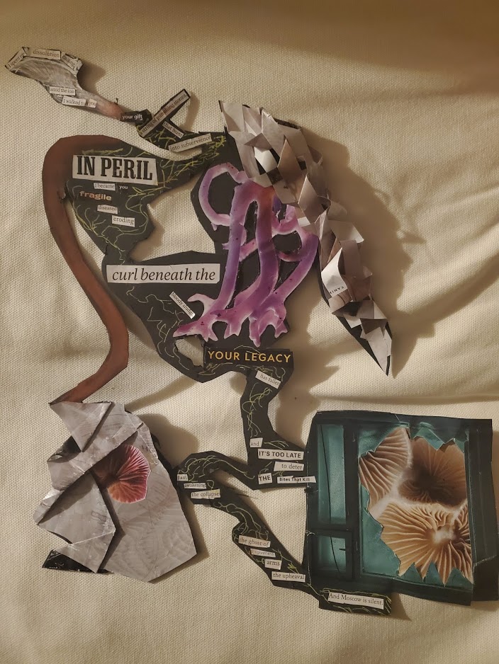 A collage poem in the shape of a climbing human connected to images of fungi folded into three dimensional structures like a broken window and braided magazine pieces. The text can be found by following the full text link below.